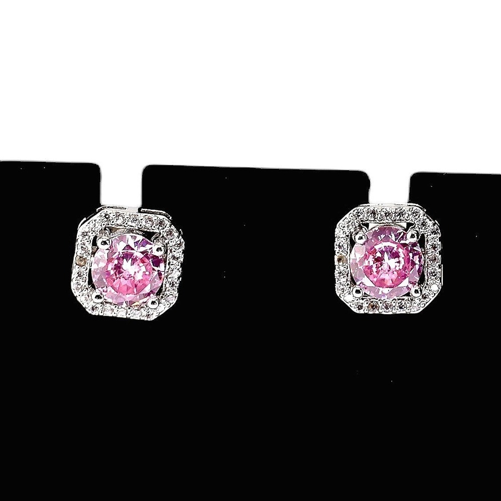 Swarovski Elements Pink Crystal Cushion Pavé Halo Stud Earrings Silver Tone New